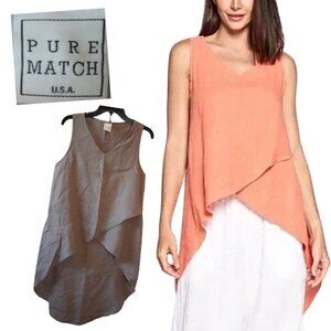Pure Match, 100% Linen Cross Wrap Hi Low Tunic Top, Brown, Tan